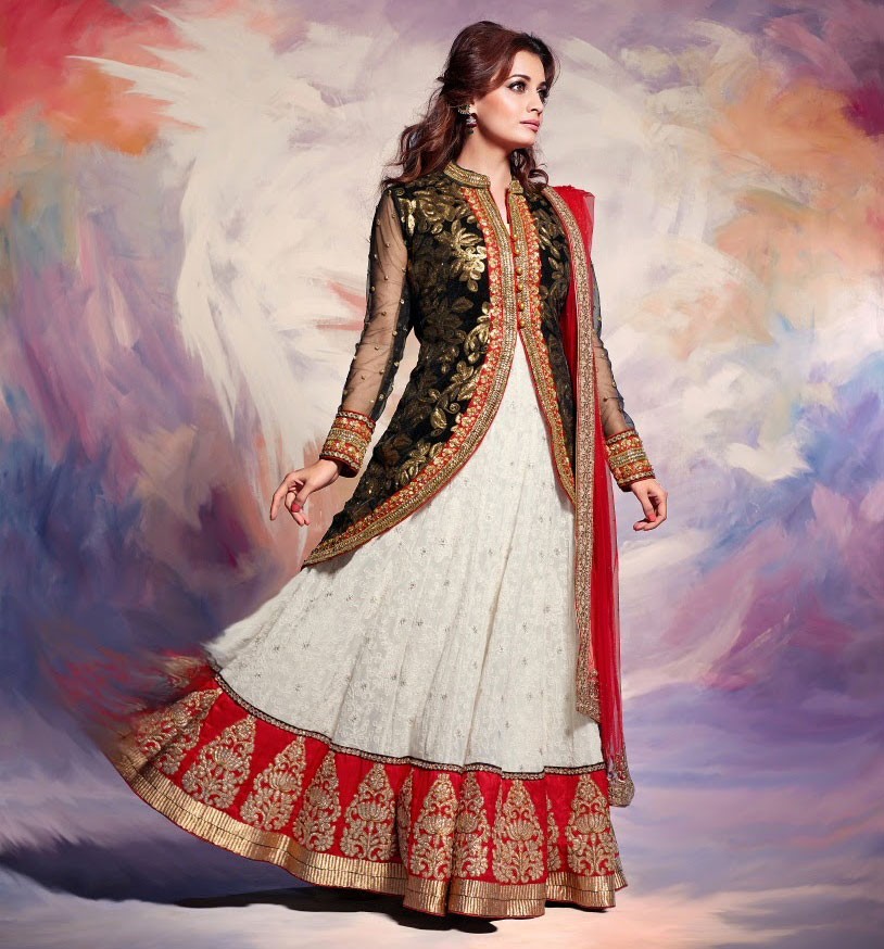 Dia Mirza Silk & Net Zari Work White & Black Semi Stitched Long Anarkali Suit