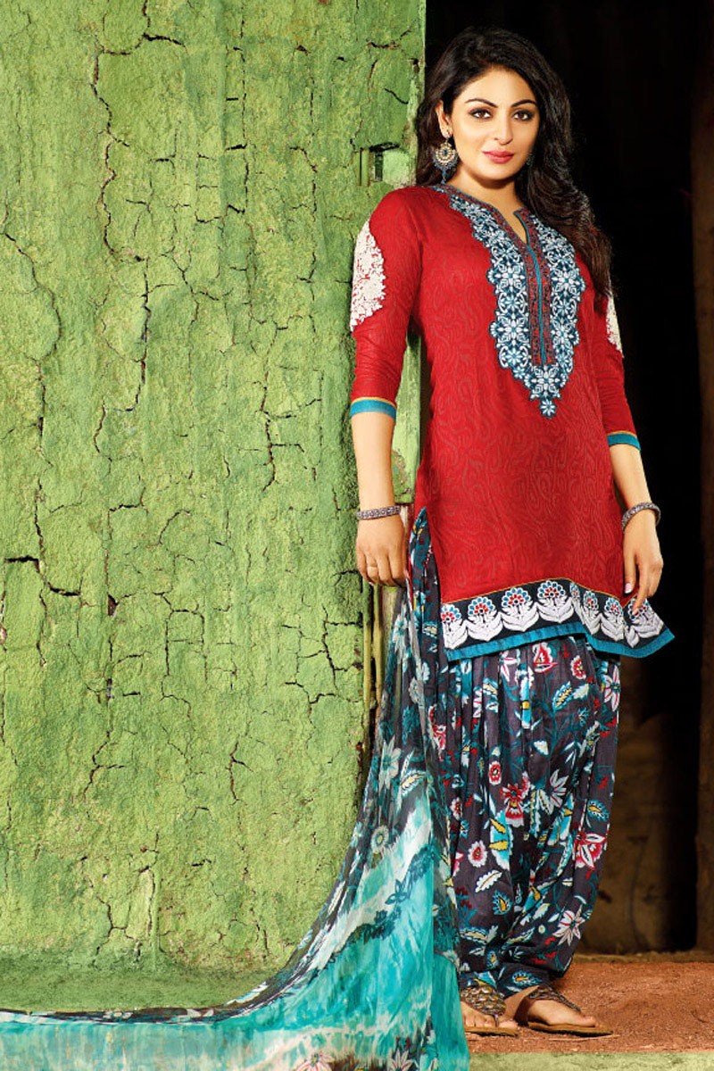 Georgette Patch Work Red Printed Unstitched Patiala Suit