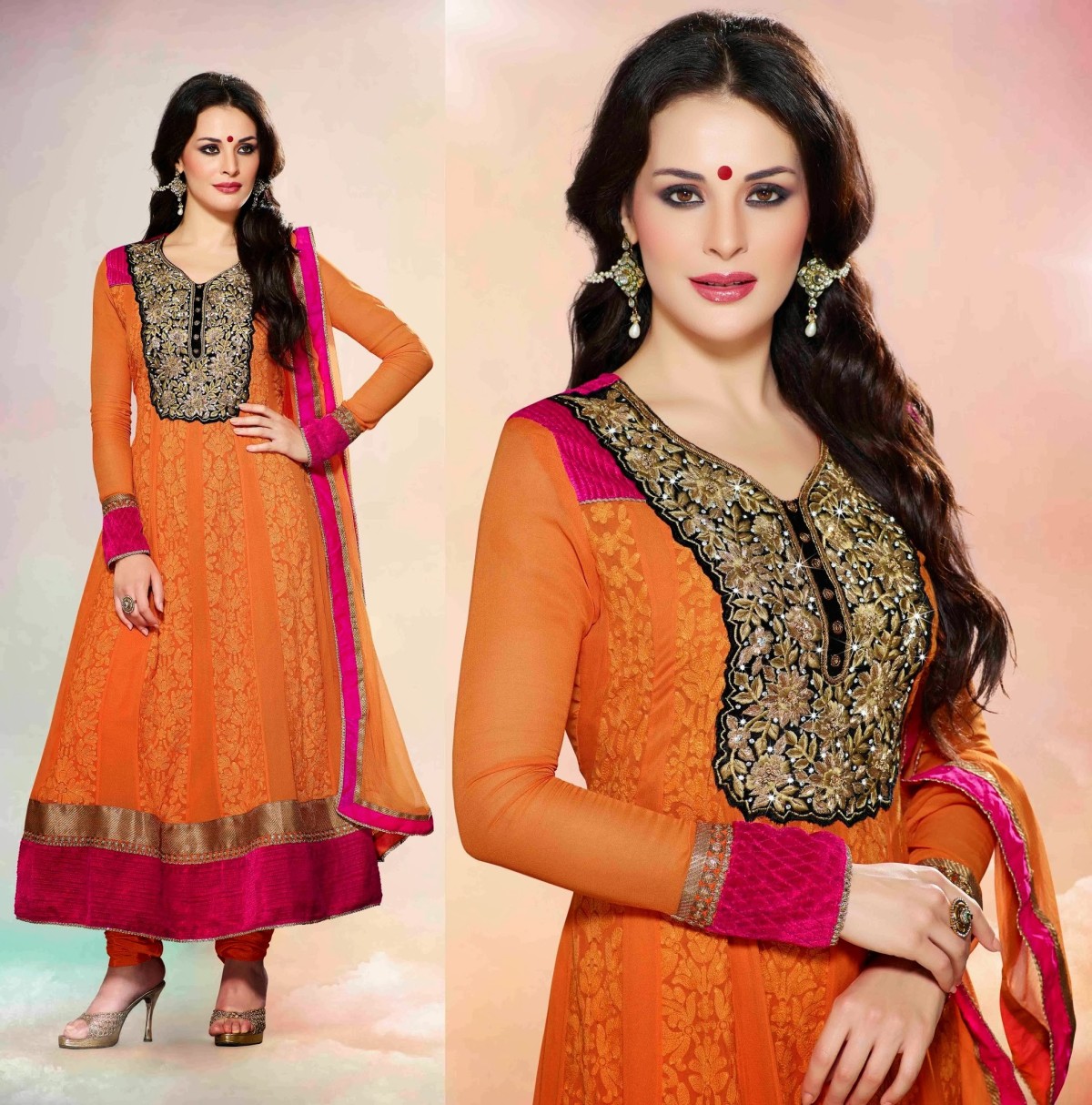Pure Georgette Resham & Zari Work Orange Semi Stitched Churidar Suit